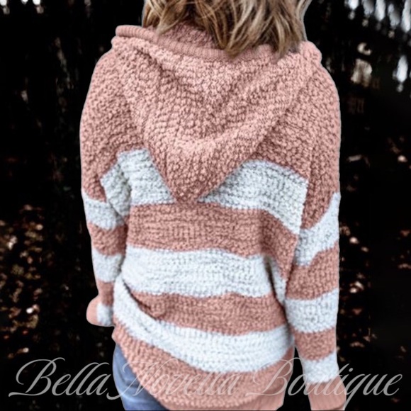Striped Popcorn Hoodie Sweater Apricot & White - Picture 2 of 8